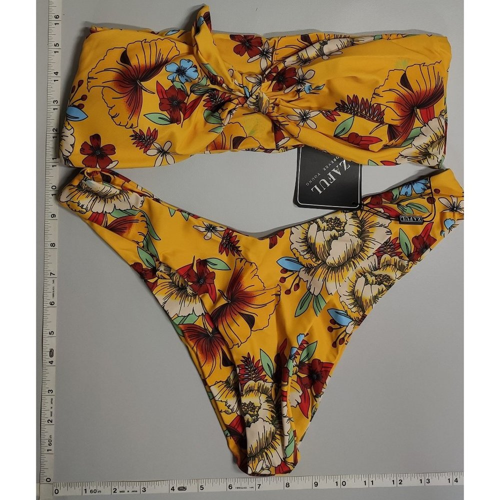 NWT ZAFUL Medium Front Tie Bandeau Yellow Floral print bikini set